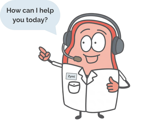 Cartoon character wearing a lab coat and headset, pointing and giving a thumbs-up while presenting trenzymes friendly laboratory expert the chatbot named Zymi asks "How can I help you today?"